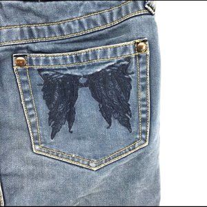 FREE PEOPLE Mini Skirt Back Pocket Embroidered Wings Denim Mini